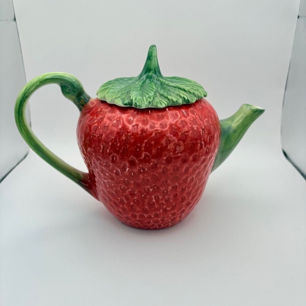 Vintage Ceramic Strawberry Red Pitcher Made in Italy with Green Lid 7" Tall